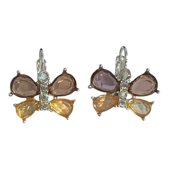 Silver Tone Butterfly Rhinestone Earrings Pierced 1” Drop Multicolored Dainty - Picture 1 of 8
